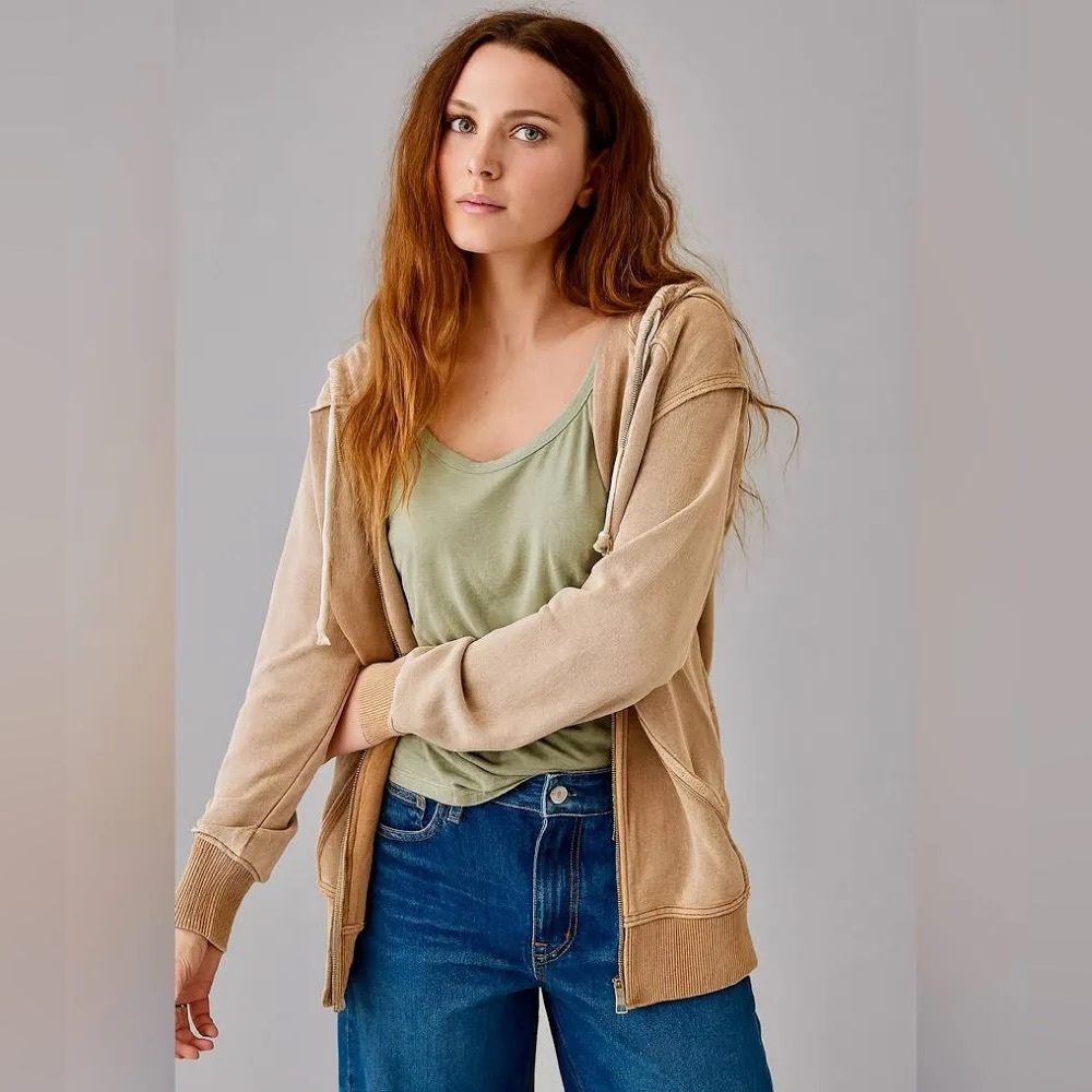 AMERICAN EAGLE Oversized Full Zip Hoodie - XS - Tan